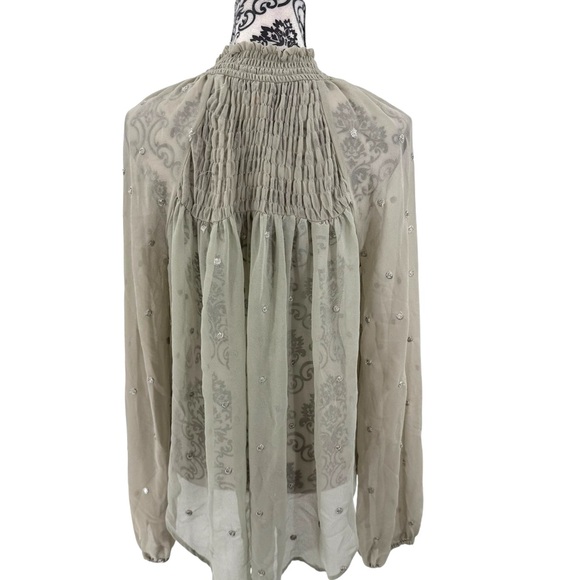 Free People Ready To Run Embellished Smocked Sheer Blouse Grey Mist Boho Chic - Picture 9 of 13